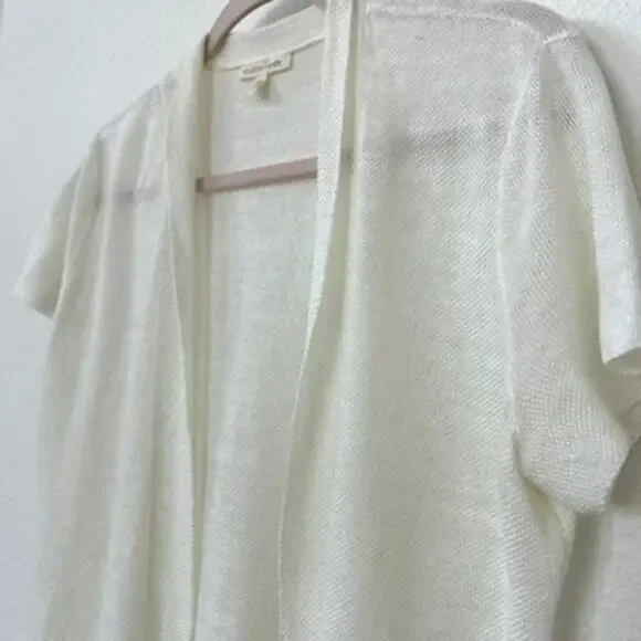 Eileen Fisher Open Front Cardigan Cream Short Sleeve Lightweight Hemp L Coastal - Picture 3 of 4